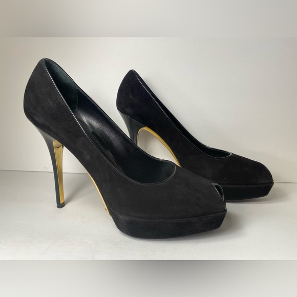 Louis Vuitton open toe suede pumps heels black 37 - Picture 1 of 11